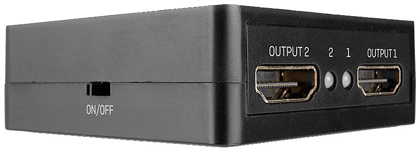A black and grey HDMI switch with two outputs, a switch, and two buttons on the front panel, marked with 'OUTPUT 1' and 'OUTPUT 2'.