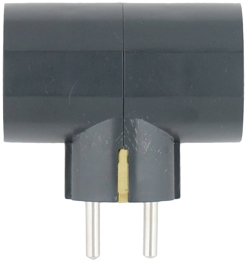 Two-pin plug adapter in a black casing, pictured from the front. Used for connecting electrical devices to power sockets.