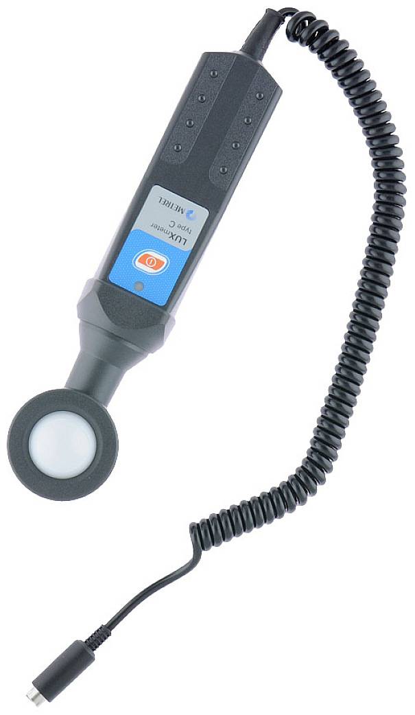 A digital light metre with cable and sensor for measuring light intensity. Suitable for use in laboratories or outdoor areas.