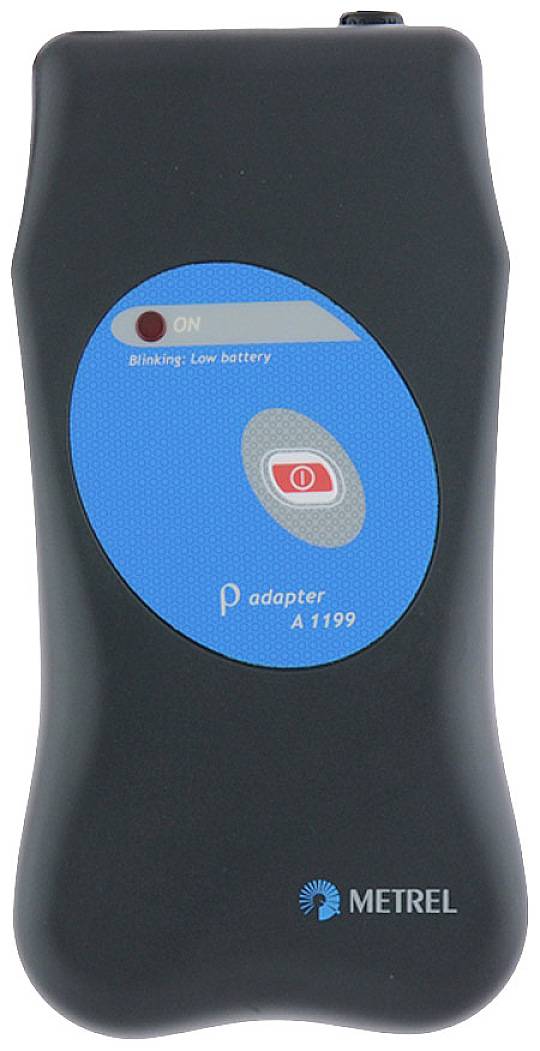 Black adapter with blue label and red light. Description: 'Blinking. Low battery'. Marked with 'adapter A 1199' and Metrel logo.