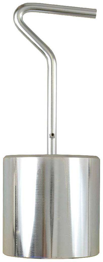 A silver, cylindrical metal weight with a curved handle on top, possibly used as a fitness or sports implement.