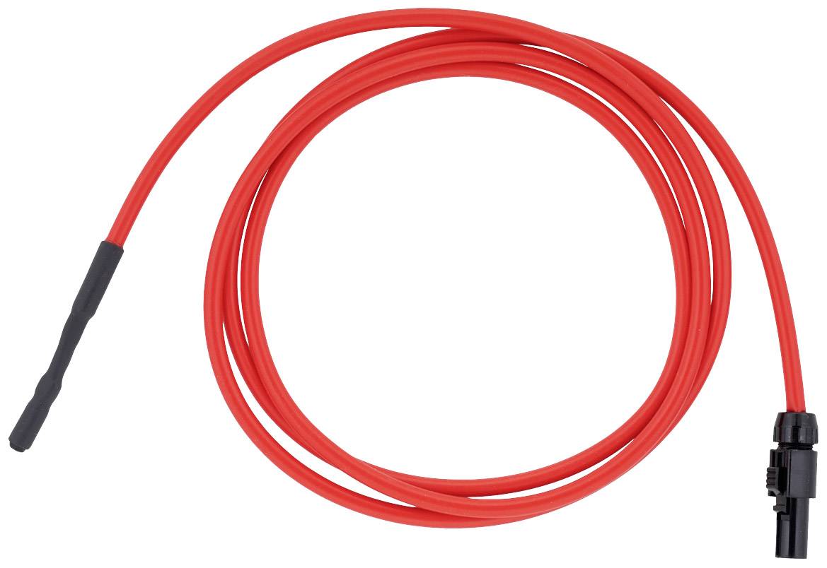 A long, red cable with a black plug at the end, used in electrical connections, lies in a spiral formation on a white background.