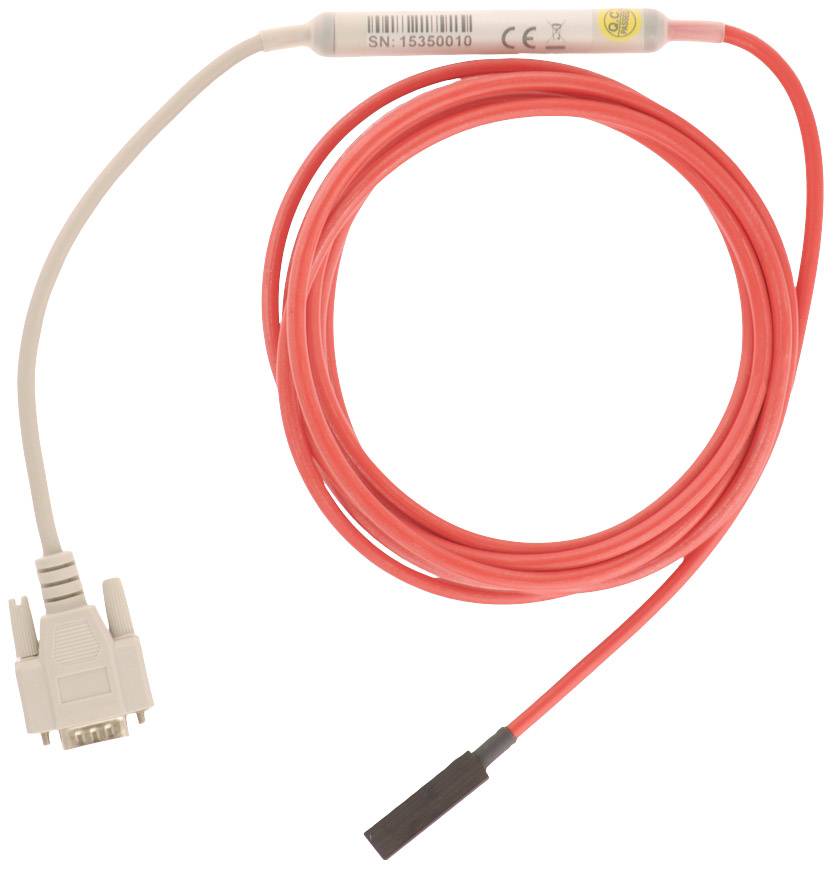Red cable with a grey connector and a black end cap, likely for data transmission or connecting electronic devices.
