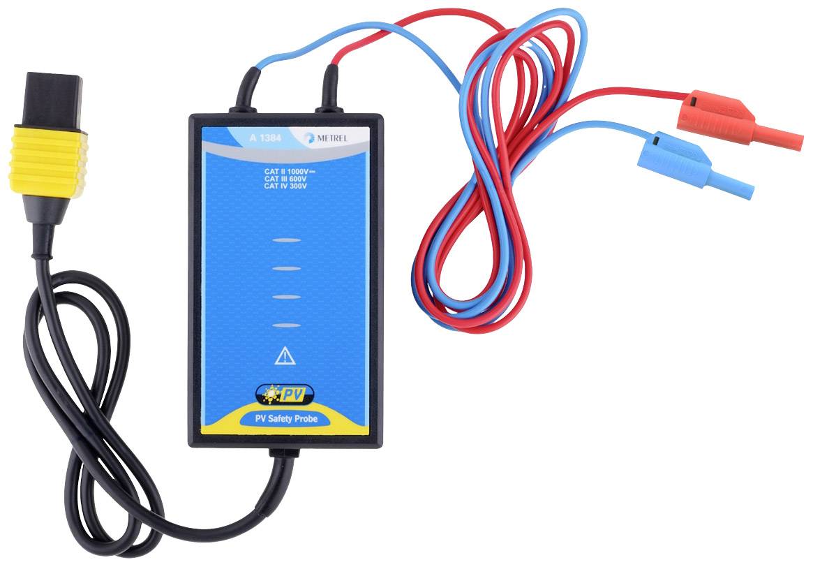 A blue testing adapter with red and blue cables, used for electrical safety testing. Markings indicate voltage range.