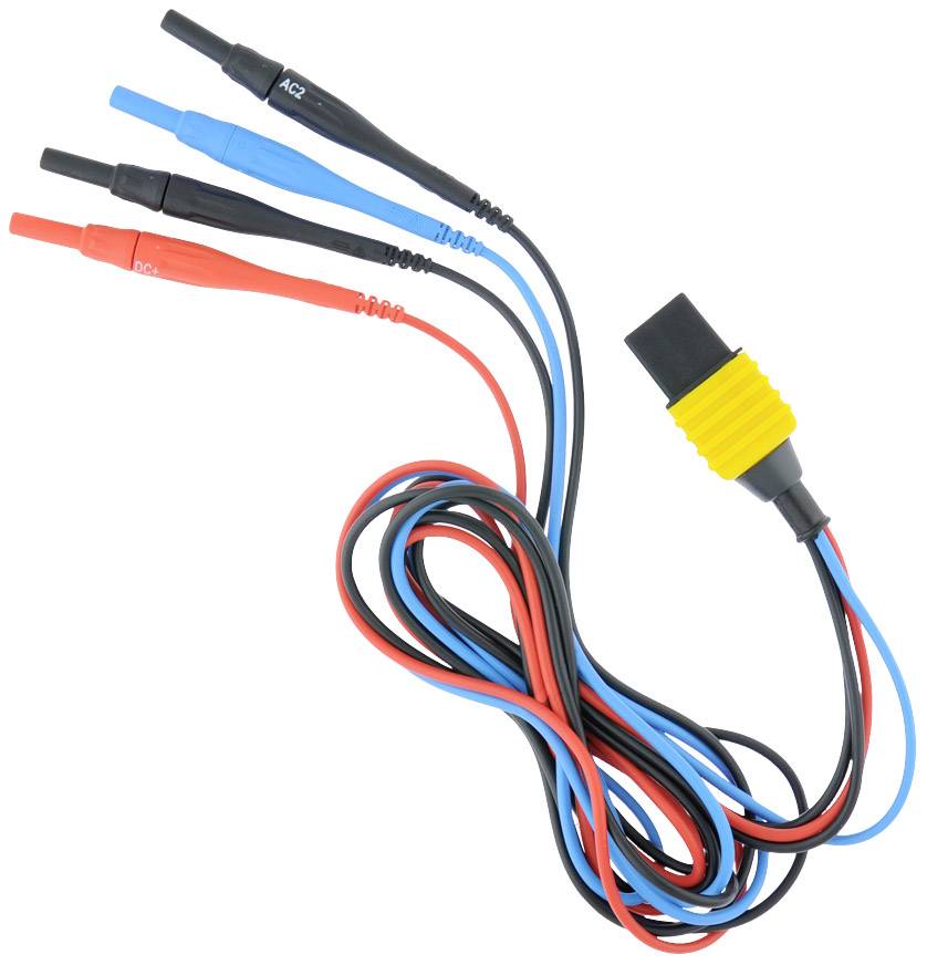 A set of colourful test leads with multiple plugs, used for electrical connections or diagnostics in technical applications.