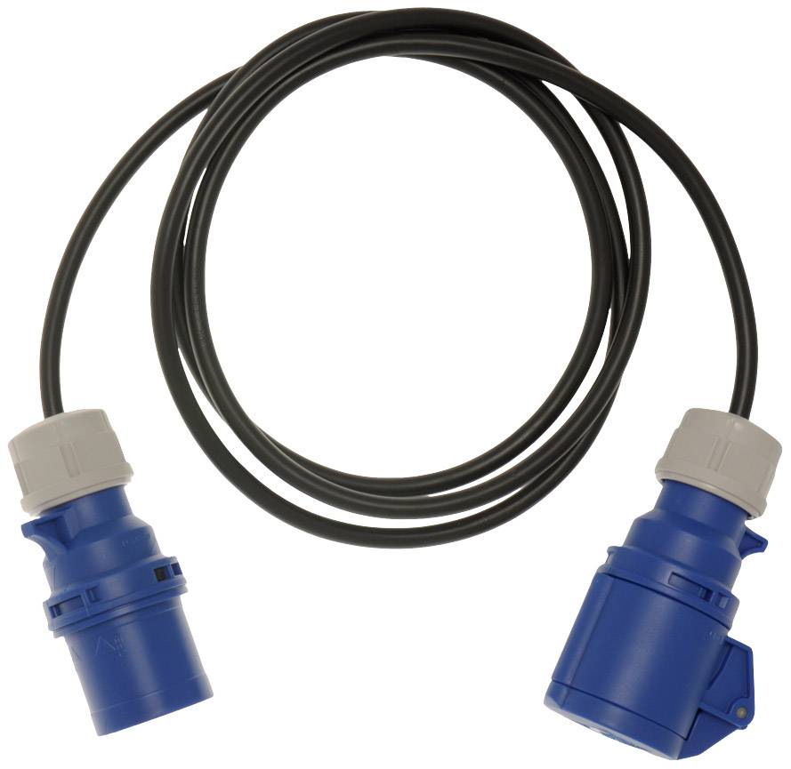 A blue CEE extension cable with two plugs at the ends, suitable for use in motorhomes or at campsites.