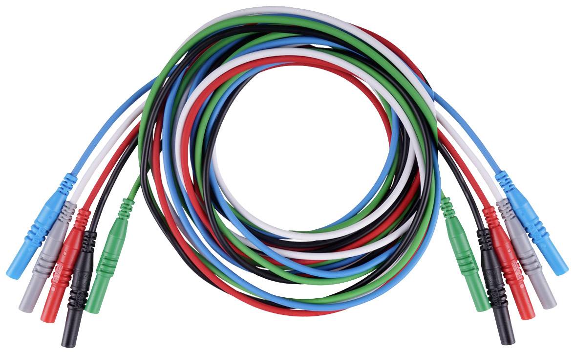 Several colourful cables with connectors at their ends, in blue, red, green, black and white, arranged in a circular pattern.