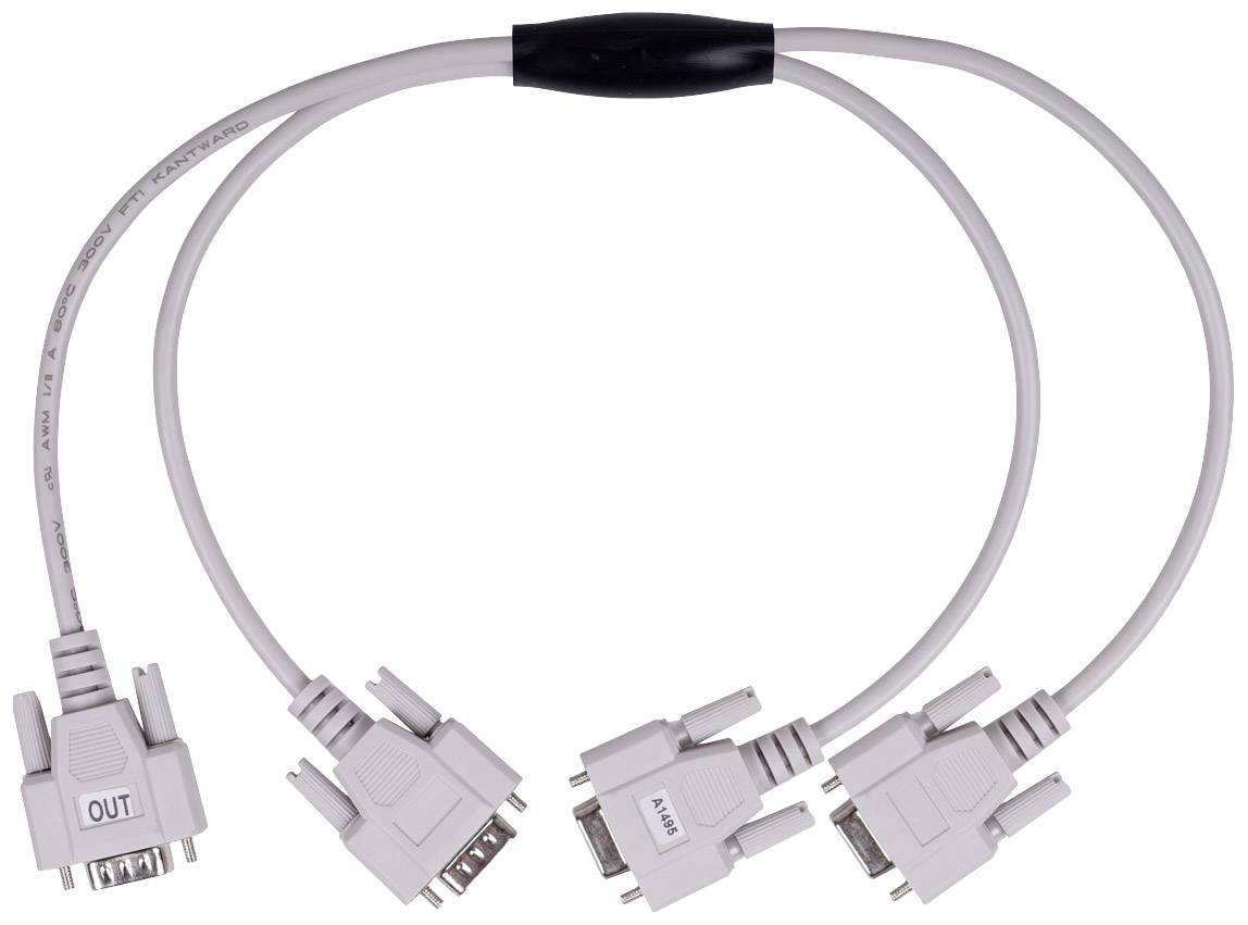 VGA splitter cable with one output port and two input ports, for connecting a monitor to two devices.