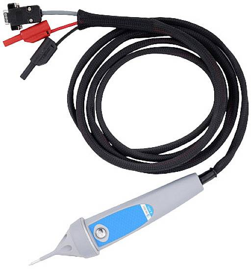 An oscilloscope probe with a grey handle and a long black cable, terminating in two clips. Suitable for electronic measurements.