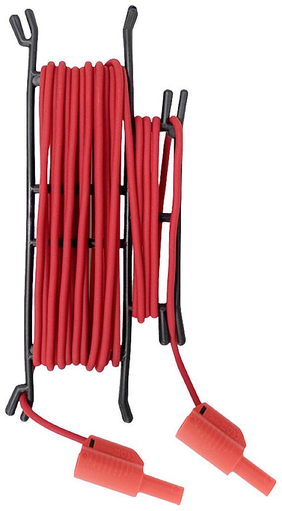 A coiled, red cable with black plastic connectors at the ends, used for electrical connections.