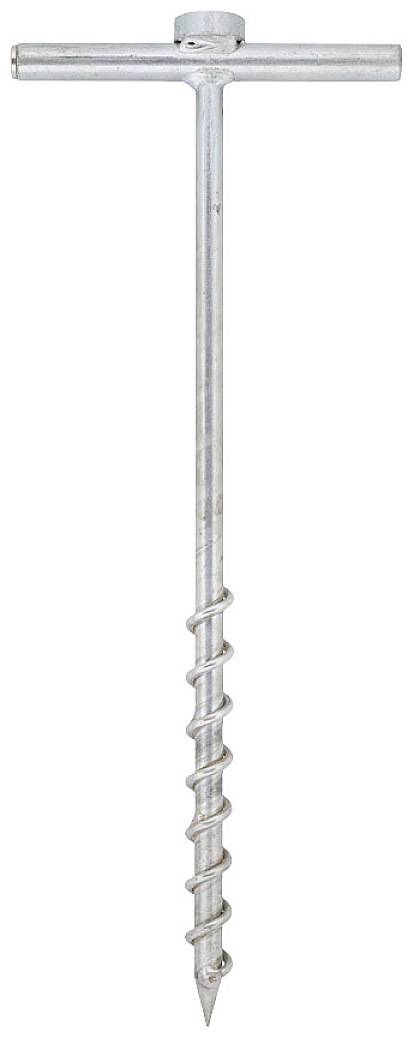 Metal spiral screw with T-handle, commonly used as a ground anchor, suitable for securing items in the ground.