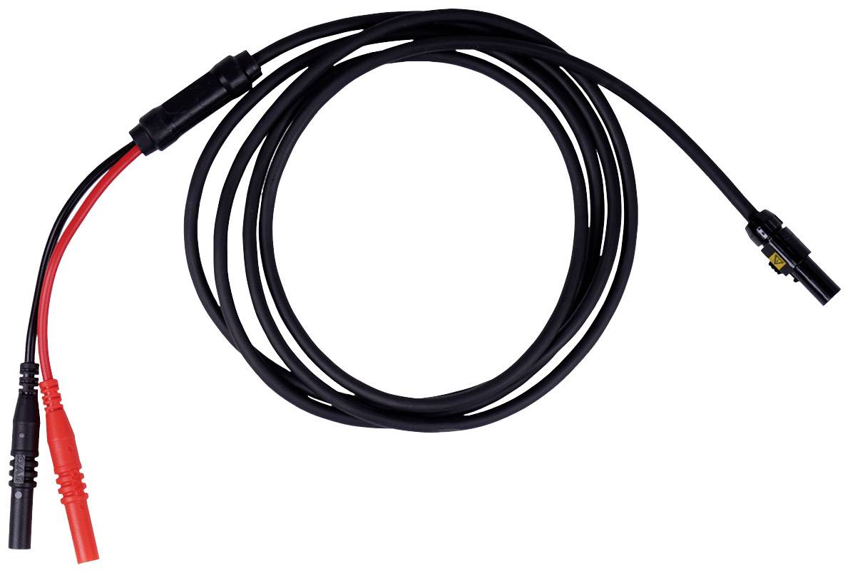 A black cable with two connectors: red positive and black negative, used for electrical connections or charging.