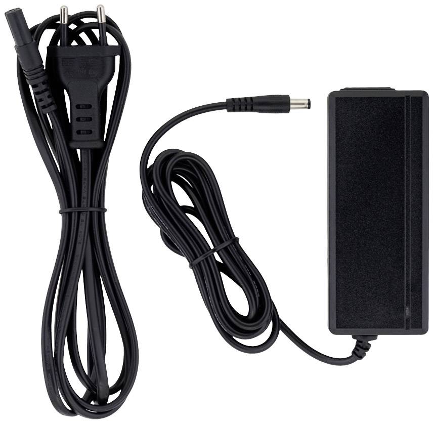 Black laptop charger with long cable and power plug, suitable for powering portable computers.