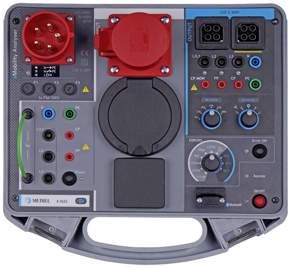 Portable electrical installation tester with various plug connections, switches, and lights, for checking electrical circuits.