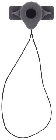 A black whistle with a lanyard, typically used for sporting events or as an emergency whistle.