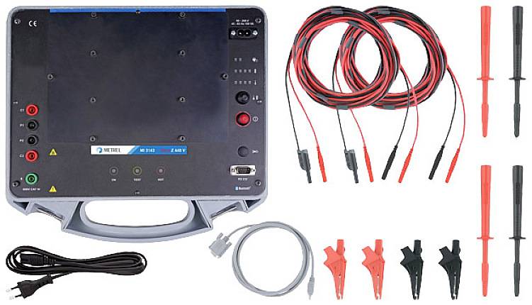 Portable electrical testing kit with main device, cables, test leads, and adapters for checking electrical systems.