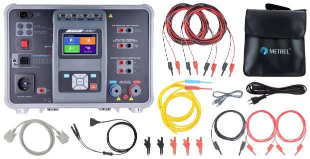 Electrical testing device with display and keypad, surrounded by various cables and clamps. Black bag on the right side of the image.