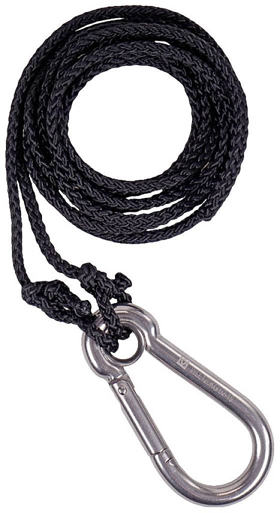 A black rope is connected to a silver carabiner. The image shows the length and flexibility of the rope.