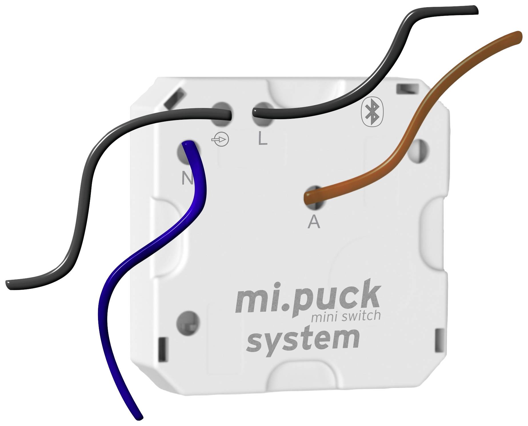 An electrical switch with cable connections. 'mi.puck mini switch system' is printed. Bluetooth symbol in the top right corner.