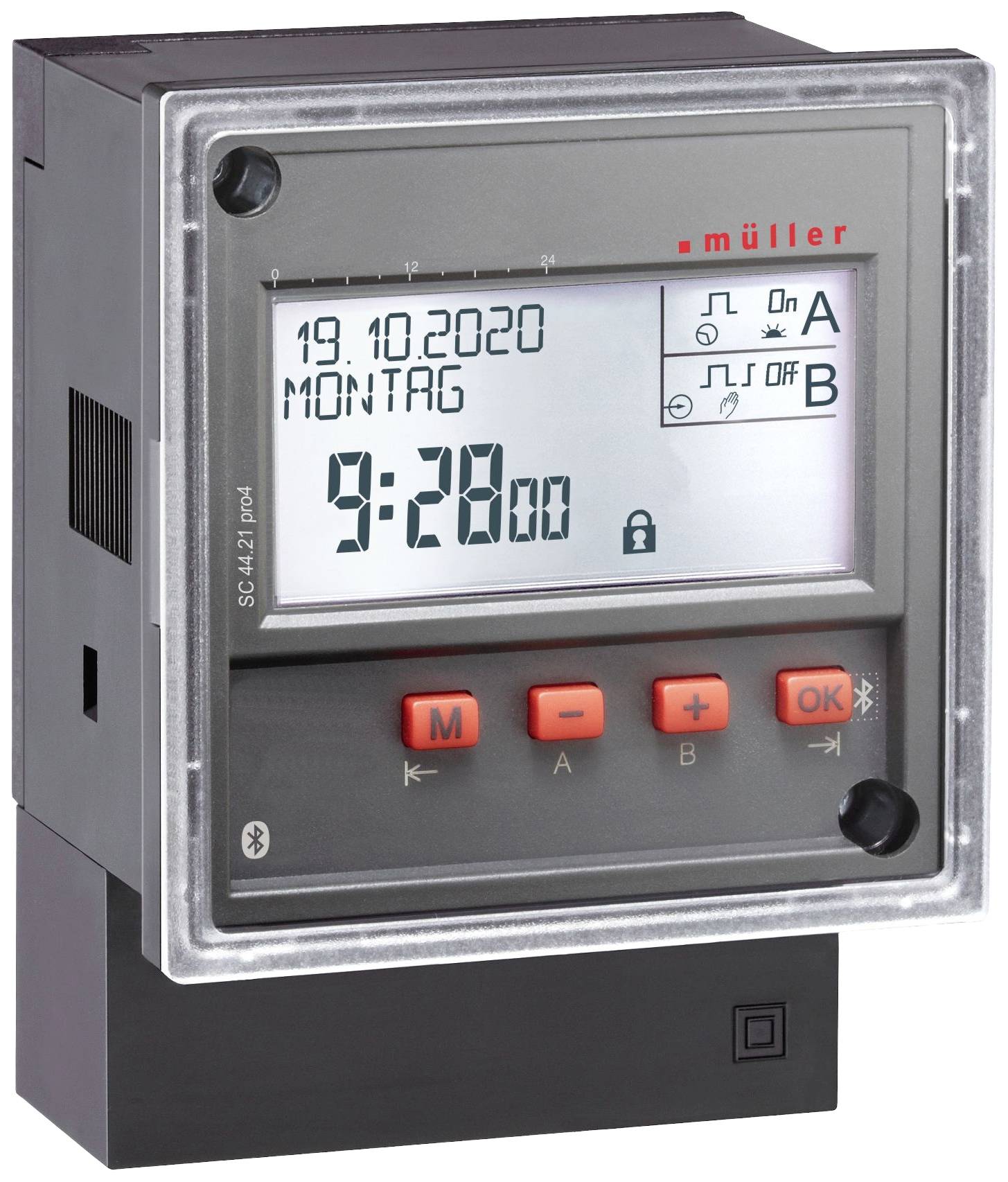 Electronic timer with display, showing date '19.10.2020', day of the week 'Monday' and time '9:28'. Brand name 'Müller'.