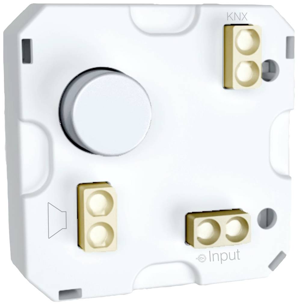 A white electronic device with multiple socket connections and a central rotary knob, labelled as 'Input' and 'KNX'.