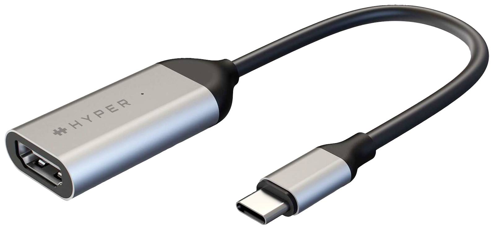 A silver USB-C adapter with 'HYPER' printed on it, featuring a USB-A port on one side and a USB-C plug on the other.