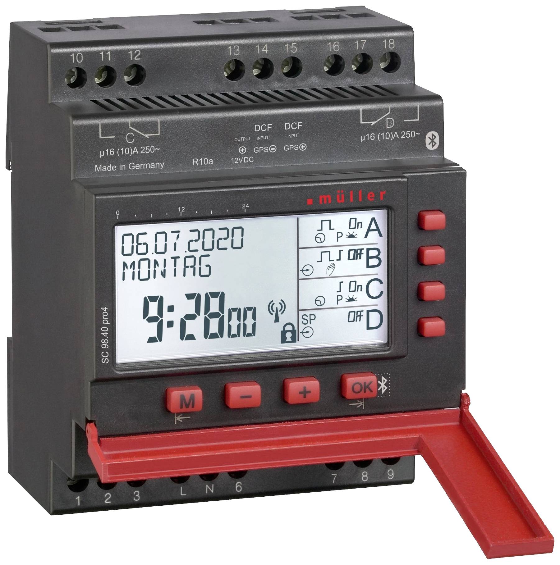 Elektronische Zeitschaltuhr mit Display zeigt Datum '06.07.2020', Wochentag 'Montag', und Uhrzeit '9:28:00'. Tasten zur Bedienung.