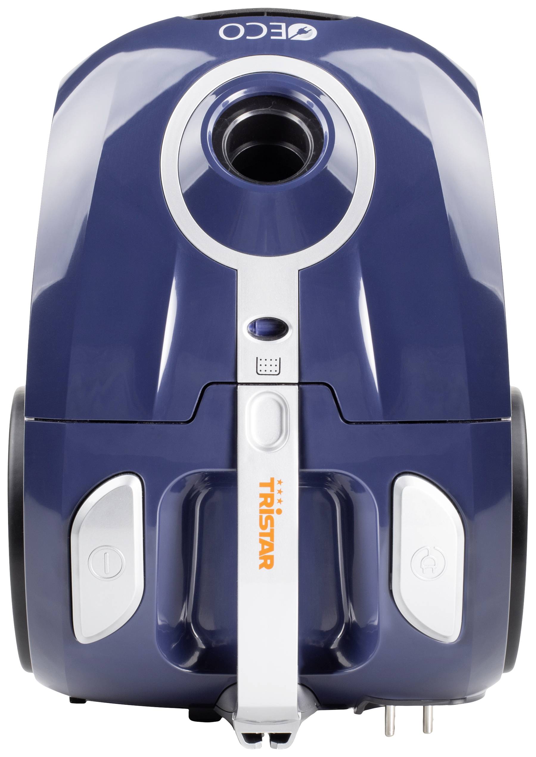 A blue vacuum cleaner with a grey handle and black wheels, with the brand name 'Tristar' in orange on the front.