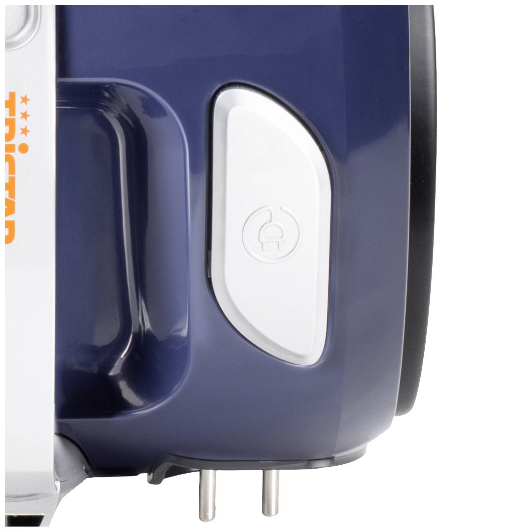 A blue kitchen blender with a white button on the side, partially visible.