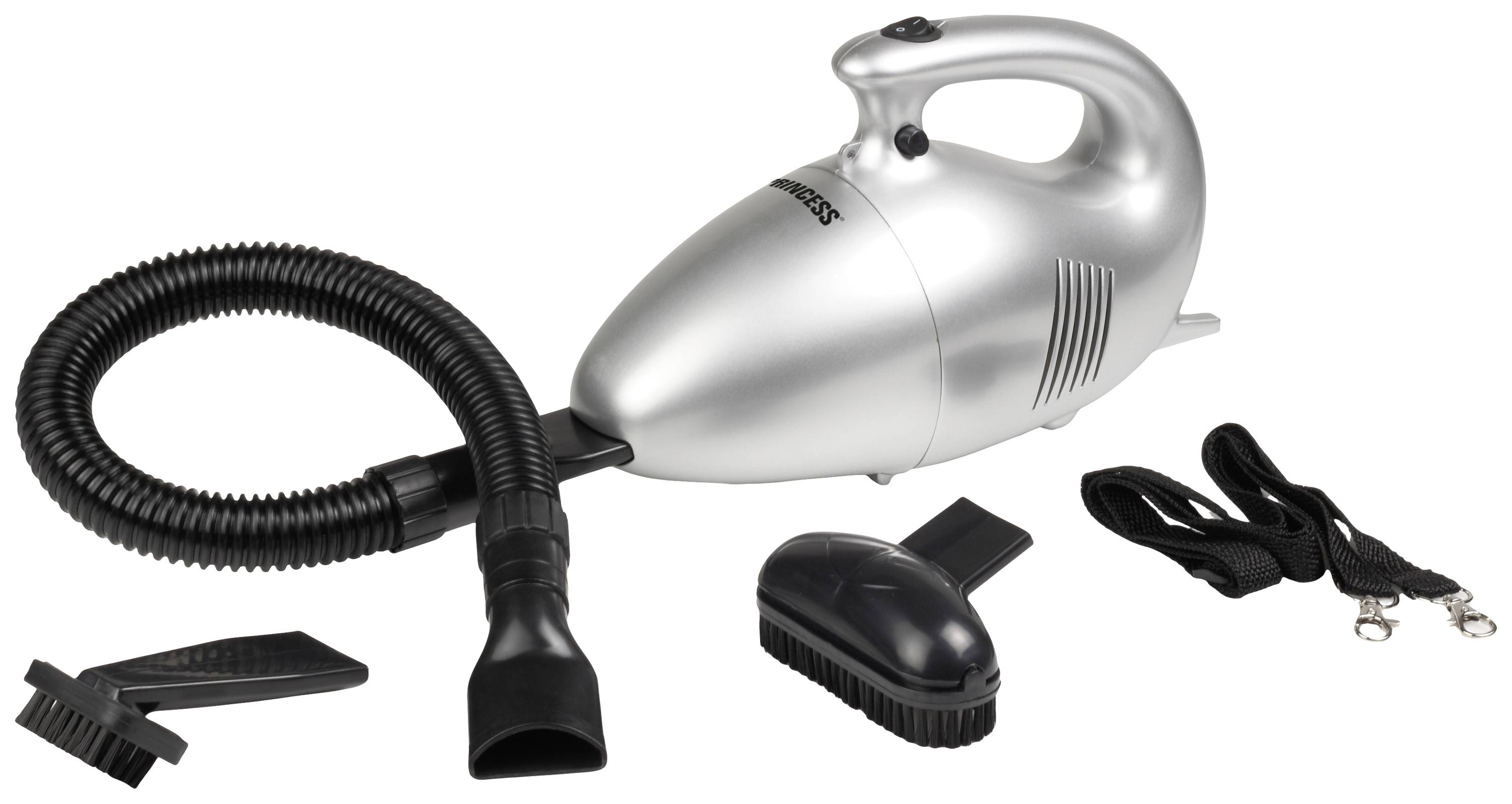 A silver portable vacuum cleaner with three different attachments and a hose, suitable for versatile cleaning.