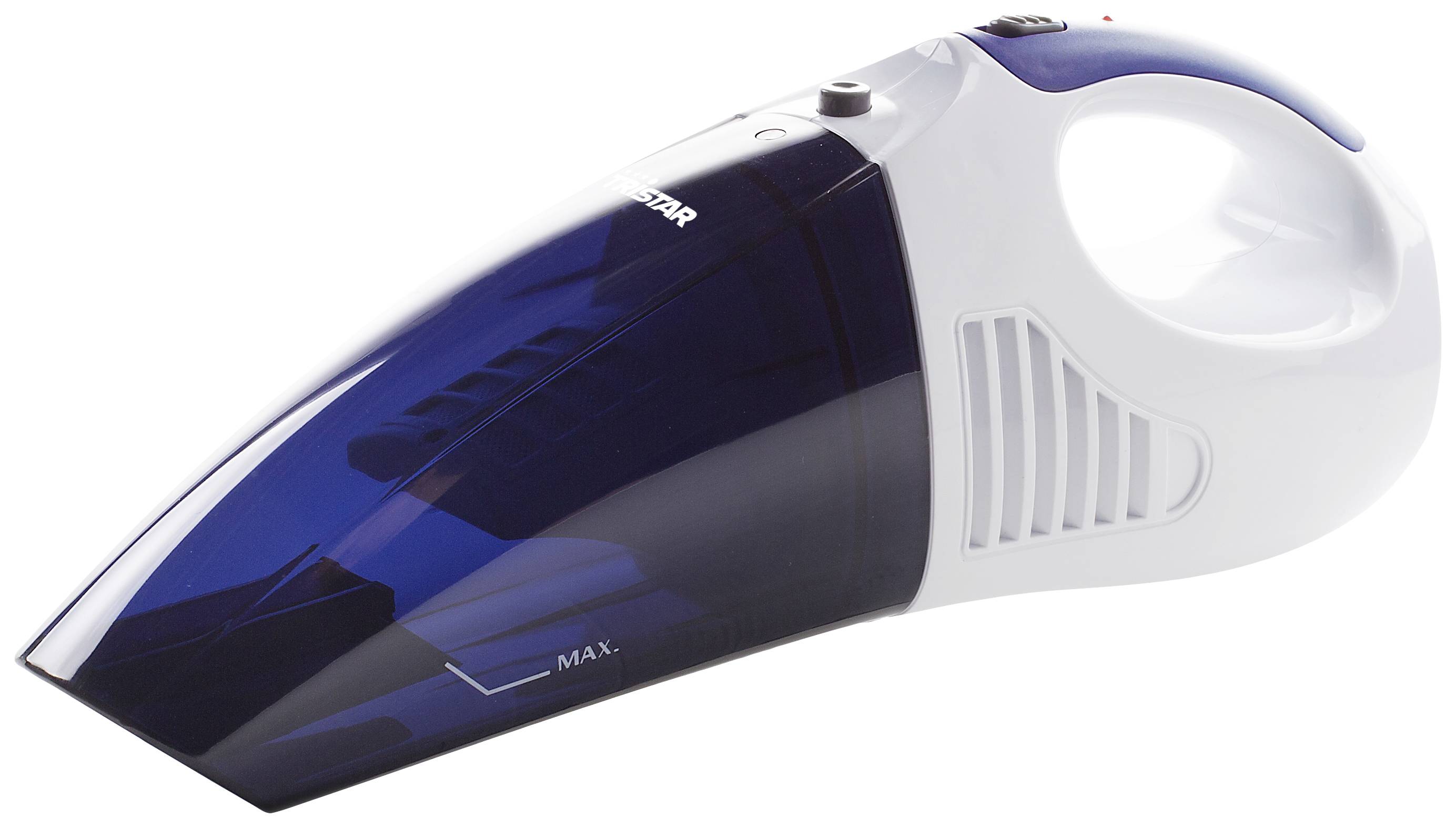 A handy, cordless vacuum cleaner in blue and white, suitable for small cleaning tasks around the home or in the car.