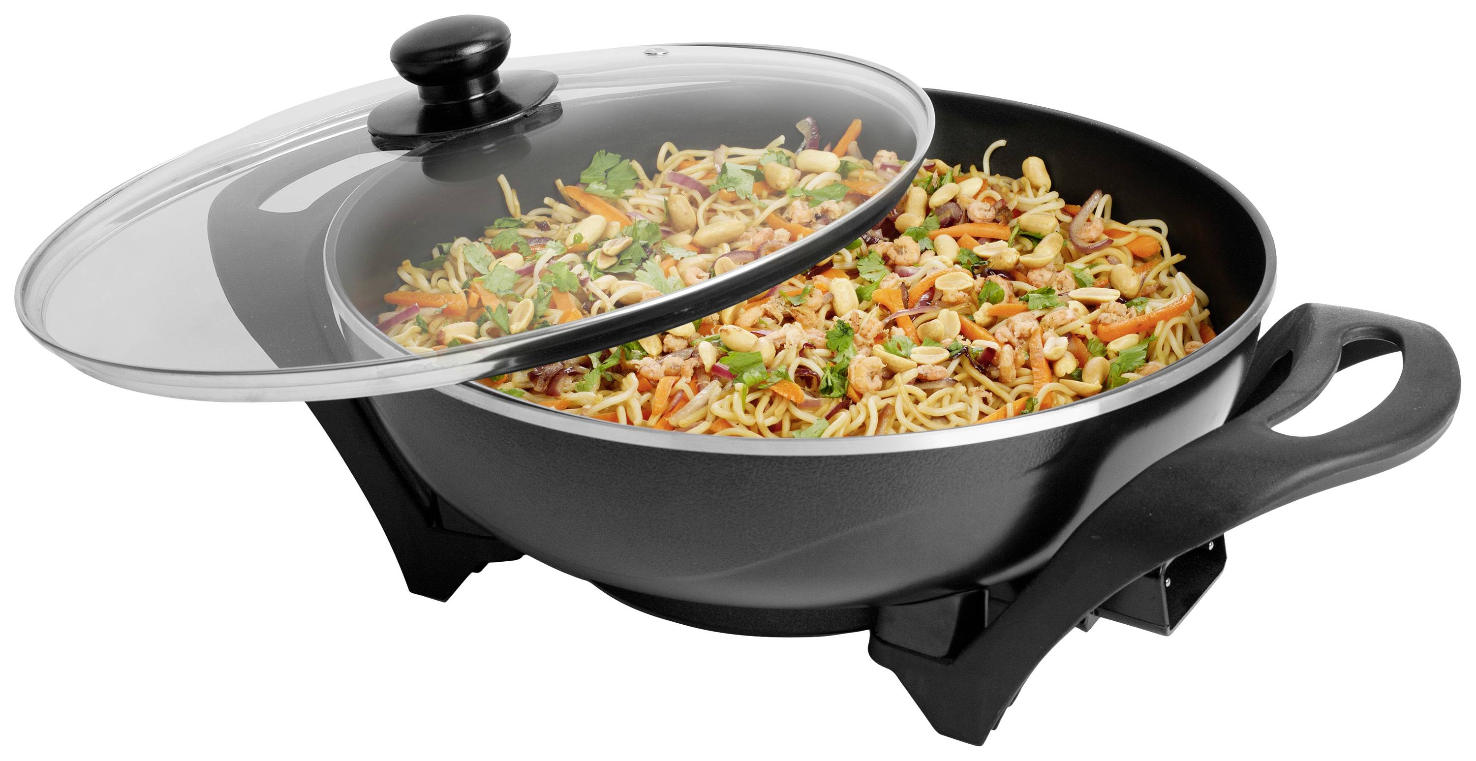 Electric frying pan with pasta, vegetables and seafood, partially covered, ready to serve.