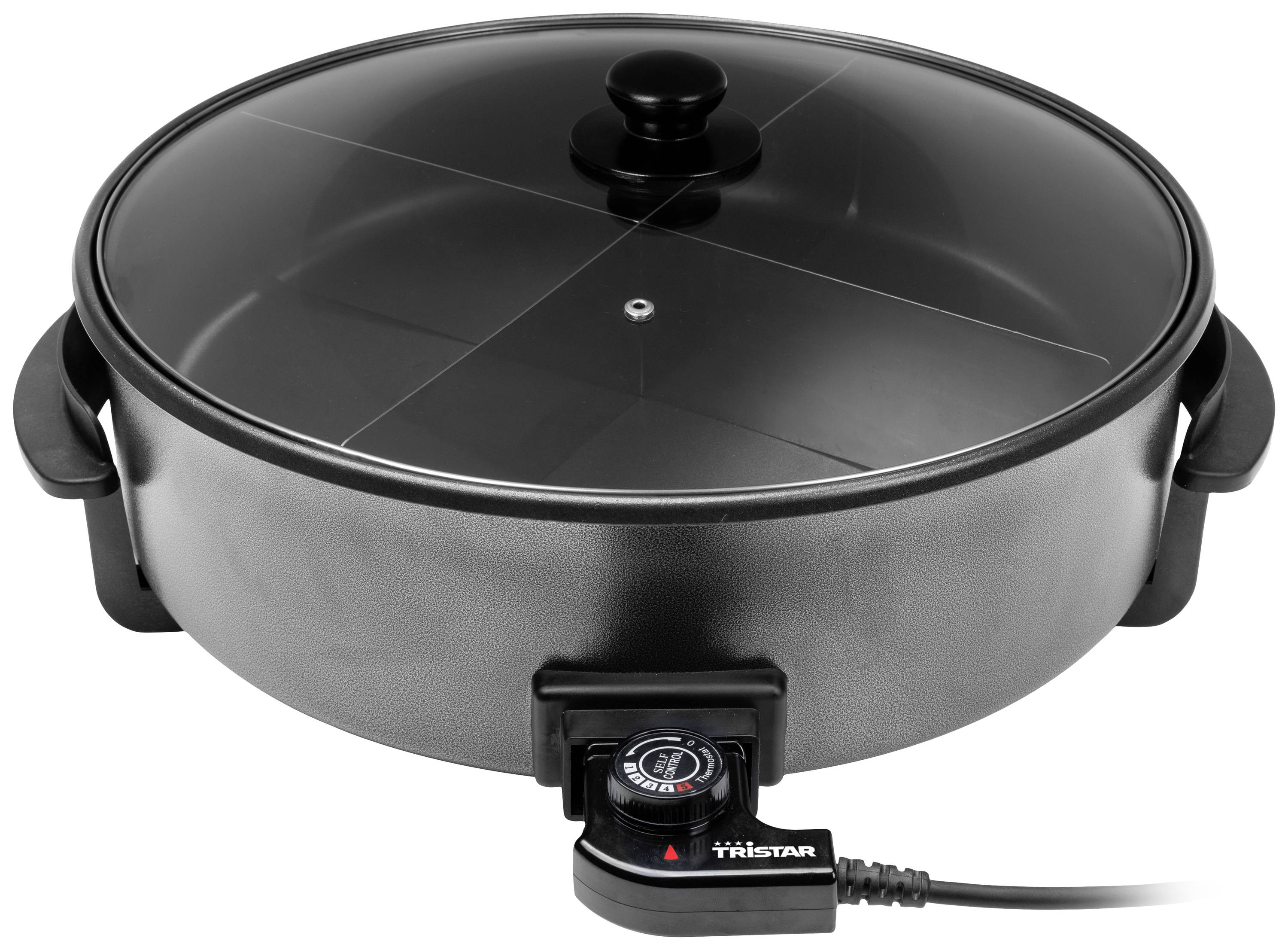 Electric frying pan with glass lid and temperature control, suitable for frying and cooking various dishes.