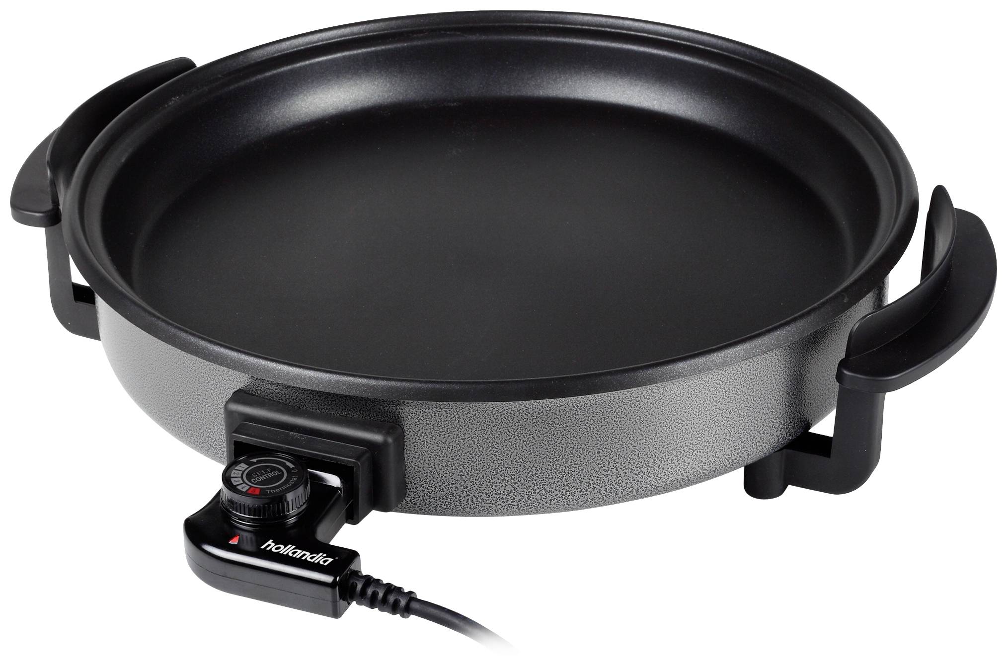 Round electric frying pan with two handles and a temperature control on the side. Suitable for cooking on a flame or hob.