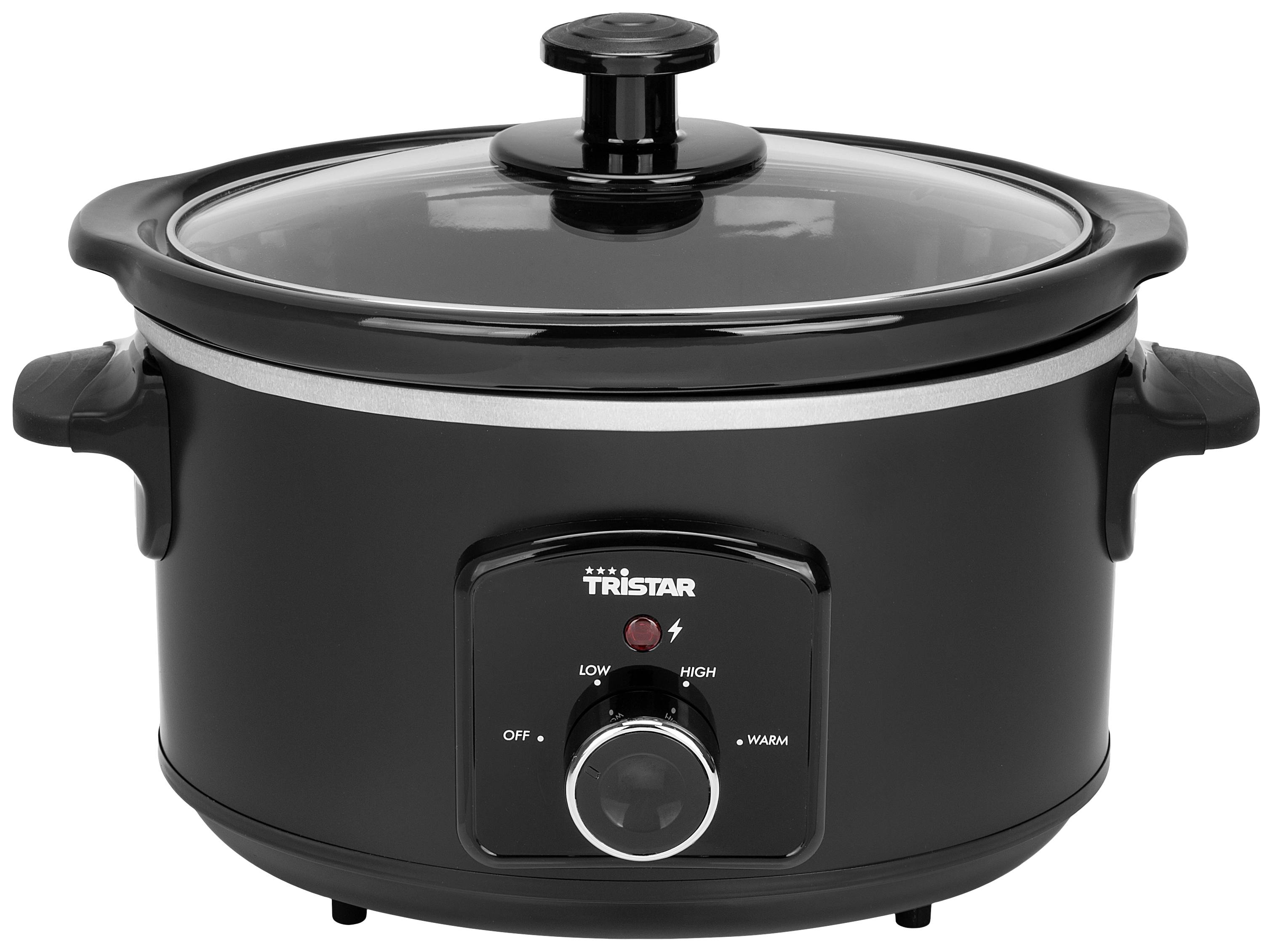 A black, round slow cooker with a glass lid and black rotary knob with settings for 'Low', 'High' and 'Warm'.