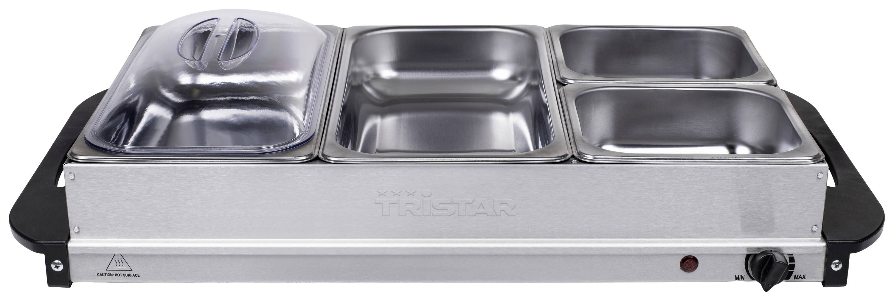 A buffet warmer with three stainless steel containers, one with a transparent lid. Ideal for keeping various dishes warm.