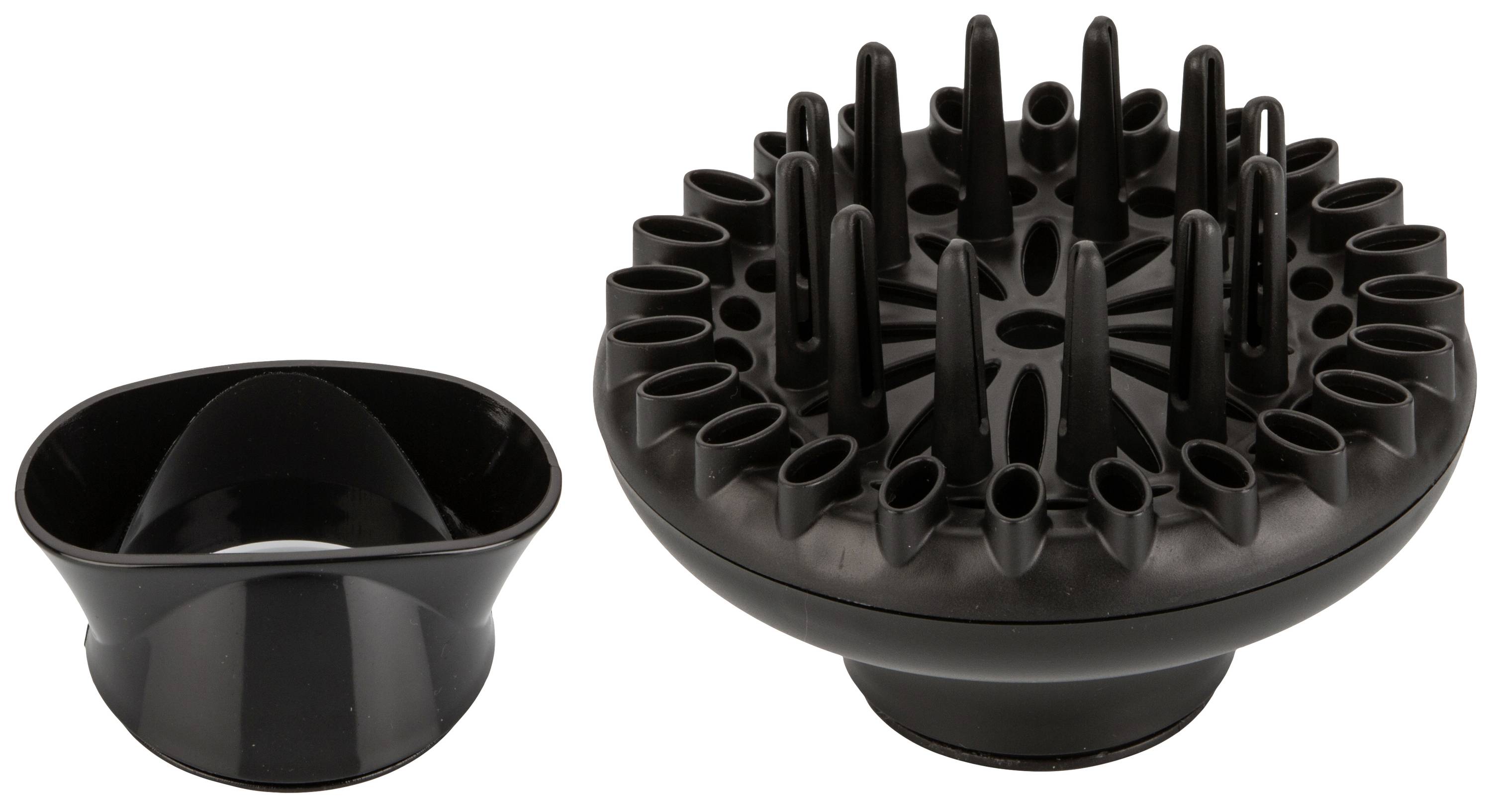 A black hair dryer diffuser attachment and a concentrator attachment are shown side by side.