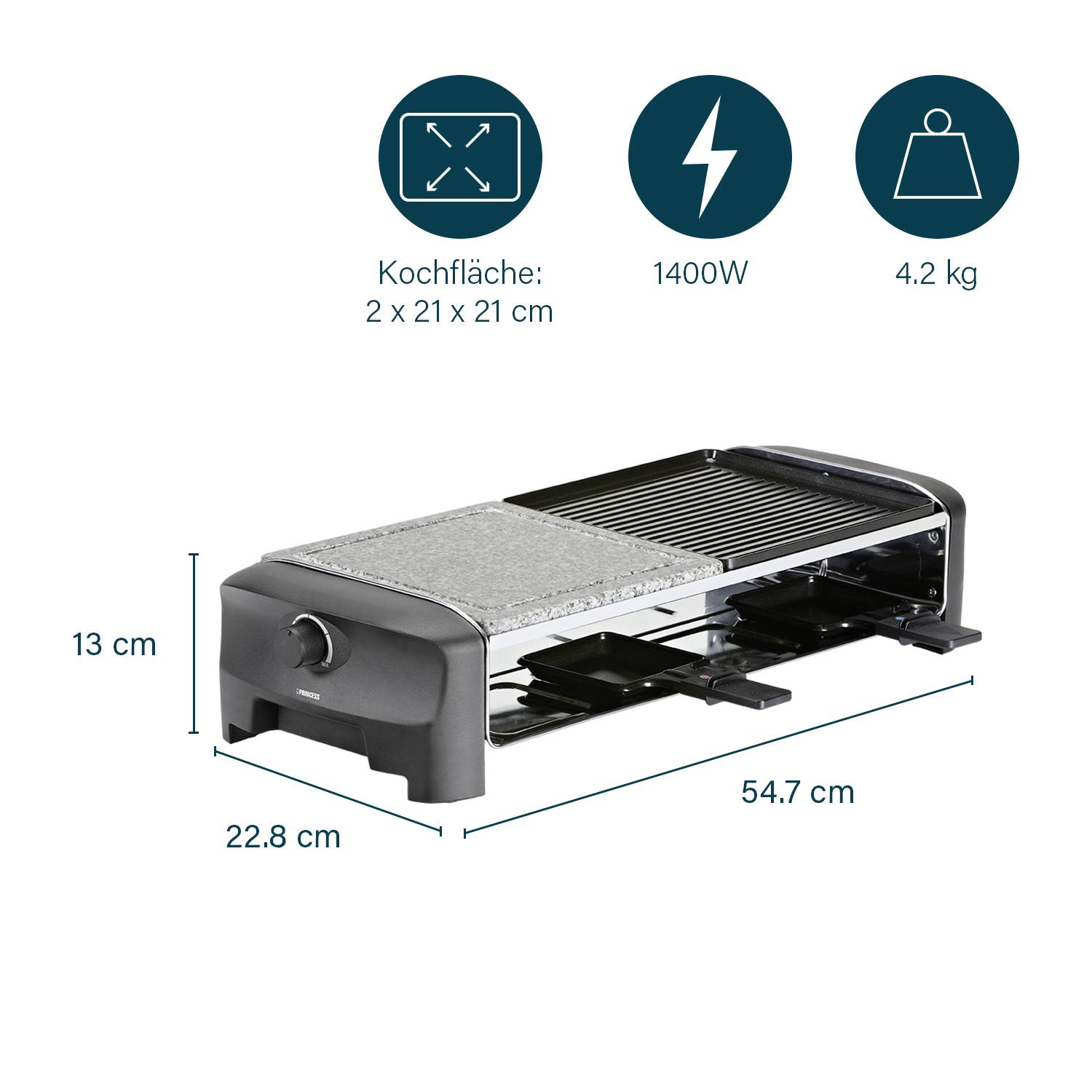 Electric Table Grill, Dimensions: 54.7 x 22.8 x 13 cm. Cooking Surface: 2 x 21 x 21 cm. Power: 1400W, Weight: 4.2 kg.