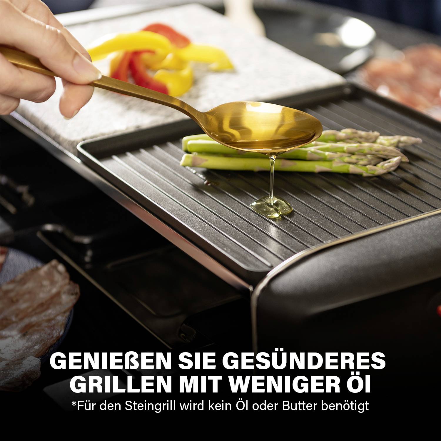 Person pouring oil onto a hot barbecue with asparagus and peppers. Text underneath: 'Enjoy healthier oil.' Note: 'No oil or butter is required for the stone grill.'