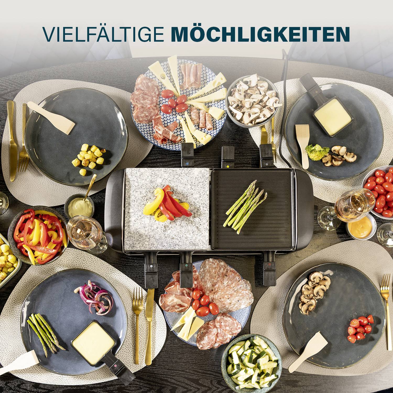 On a laid table, various ingredients such as vegetables, meat, and cheese surround a raclette grill. Text: 'Diverse Possibilities'.