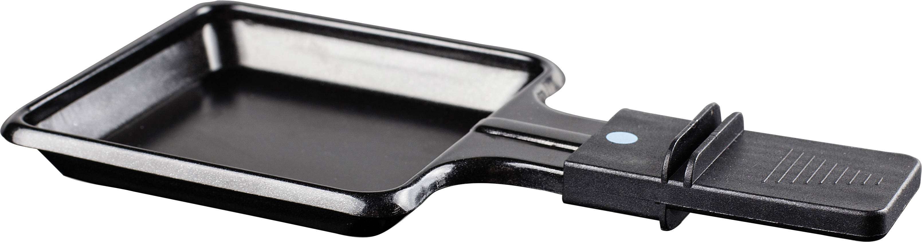 Small rectangular raclette pan made of black metal with a handle, for melting cheese or preparing small portions.