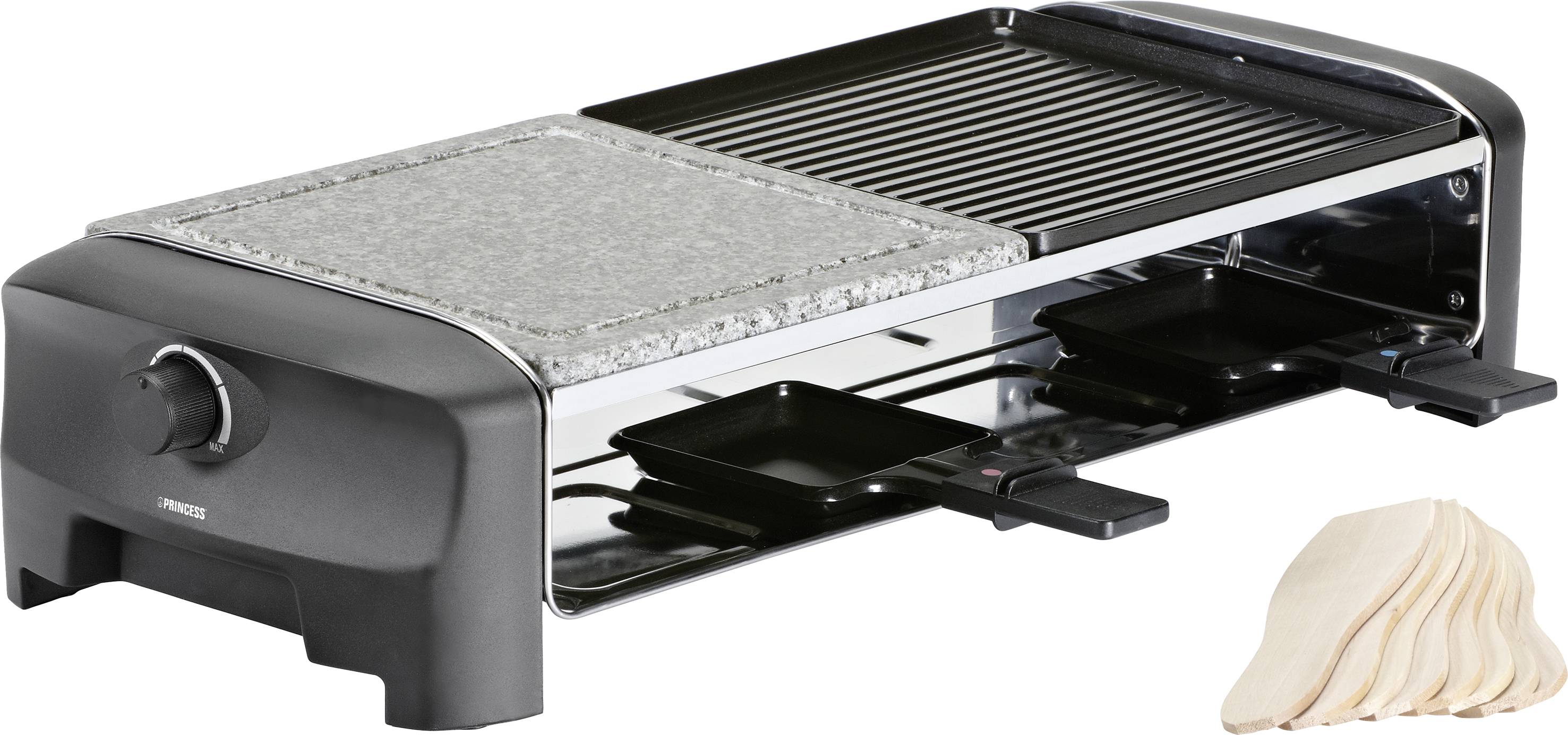 Electric raclette grill with two small pans and stone plate. Next to the grill lies a stack of natural-coloured napkins.