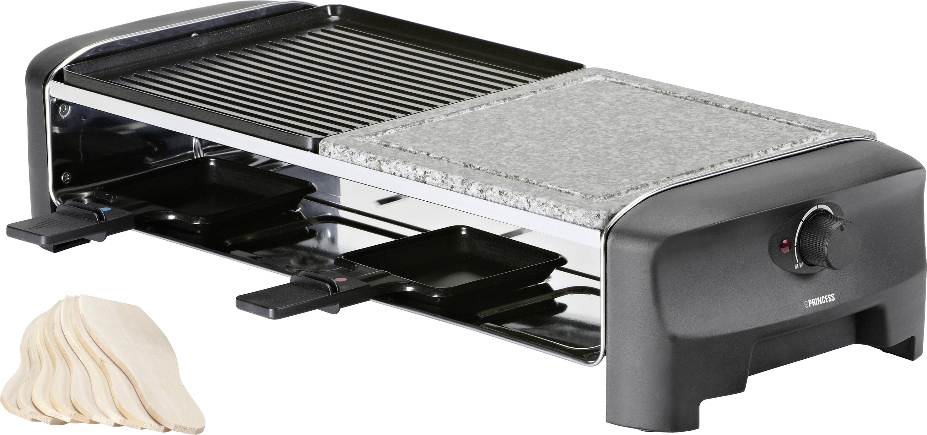 Raclette grill with a grill plate and hot stone, with two small pans underneath. Included are several wooden raclette scrapers.