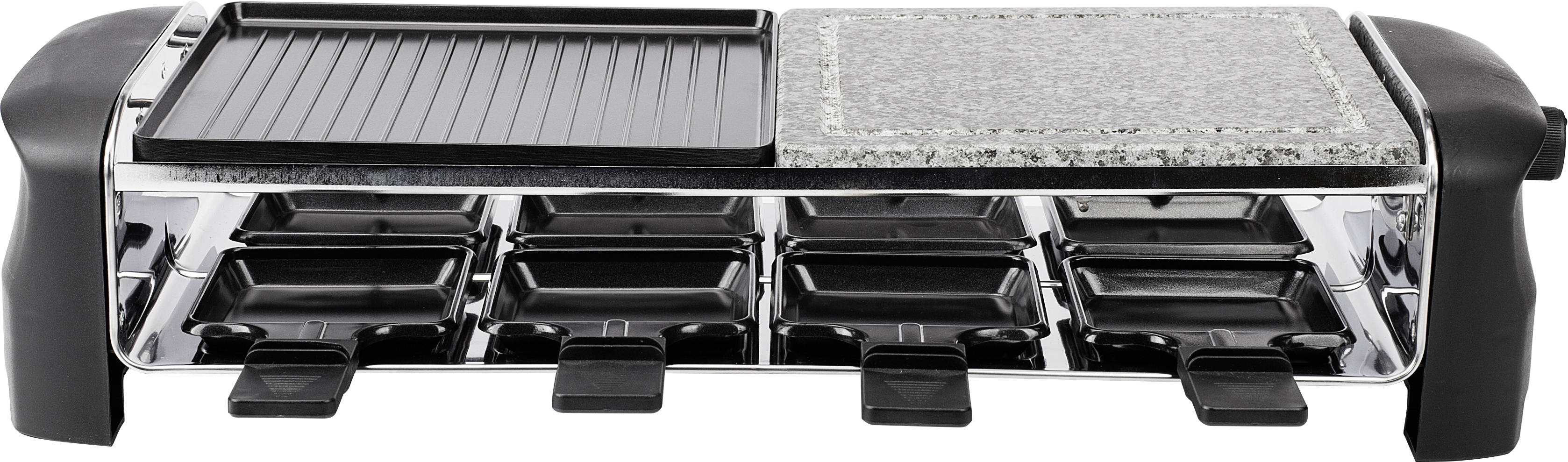 Raclette grill with eight small pans, combined with a griddle plate and a stone plate, perfect for sociable cooking.