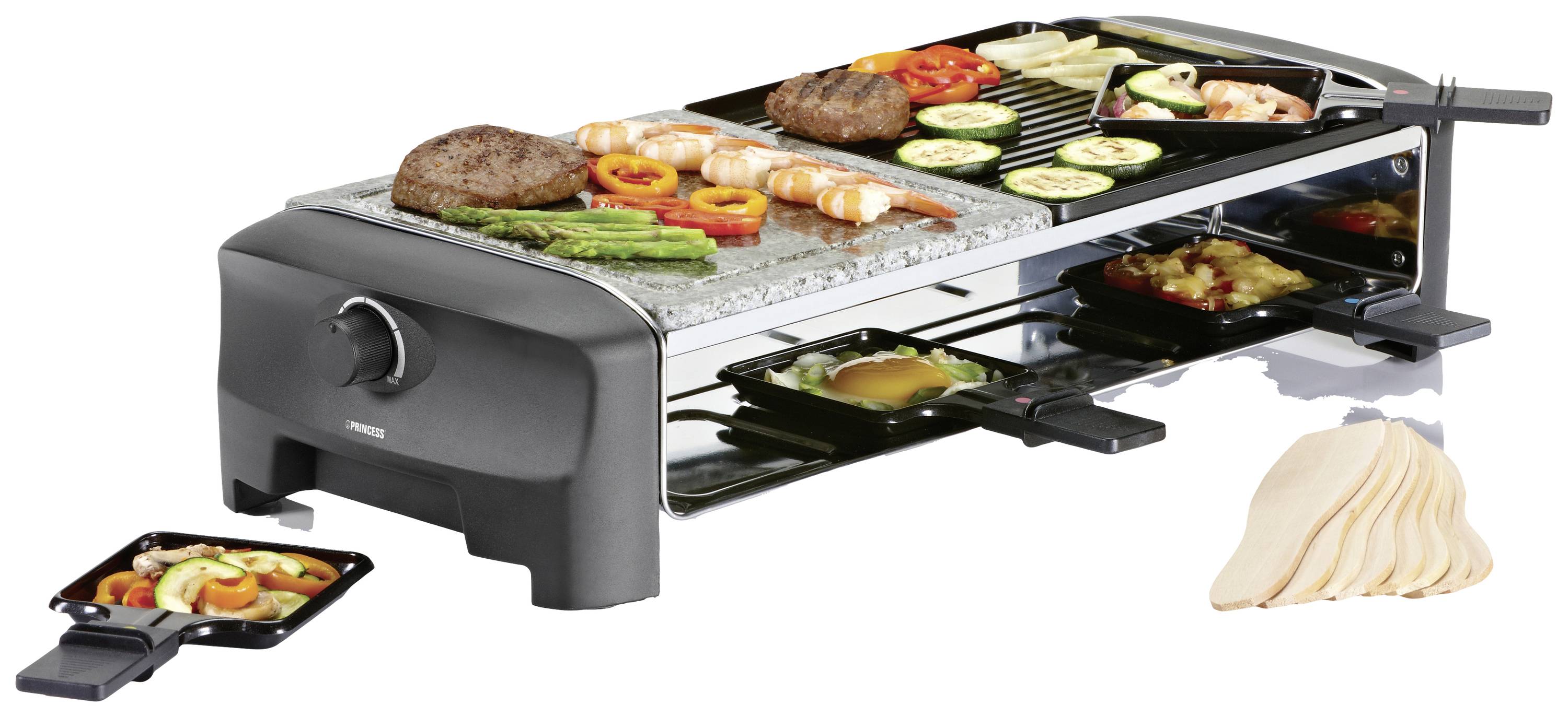 Table grill with raclette function, with meat, vegetables and prawns being grilled on top, with small pans containing various ingredients underneath.