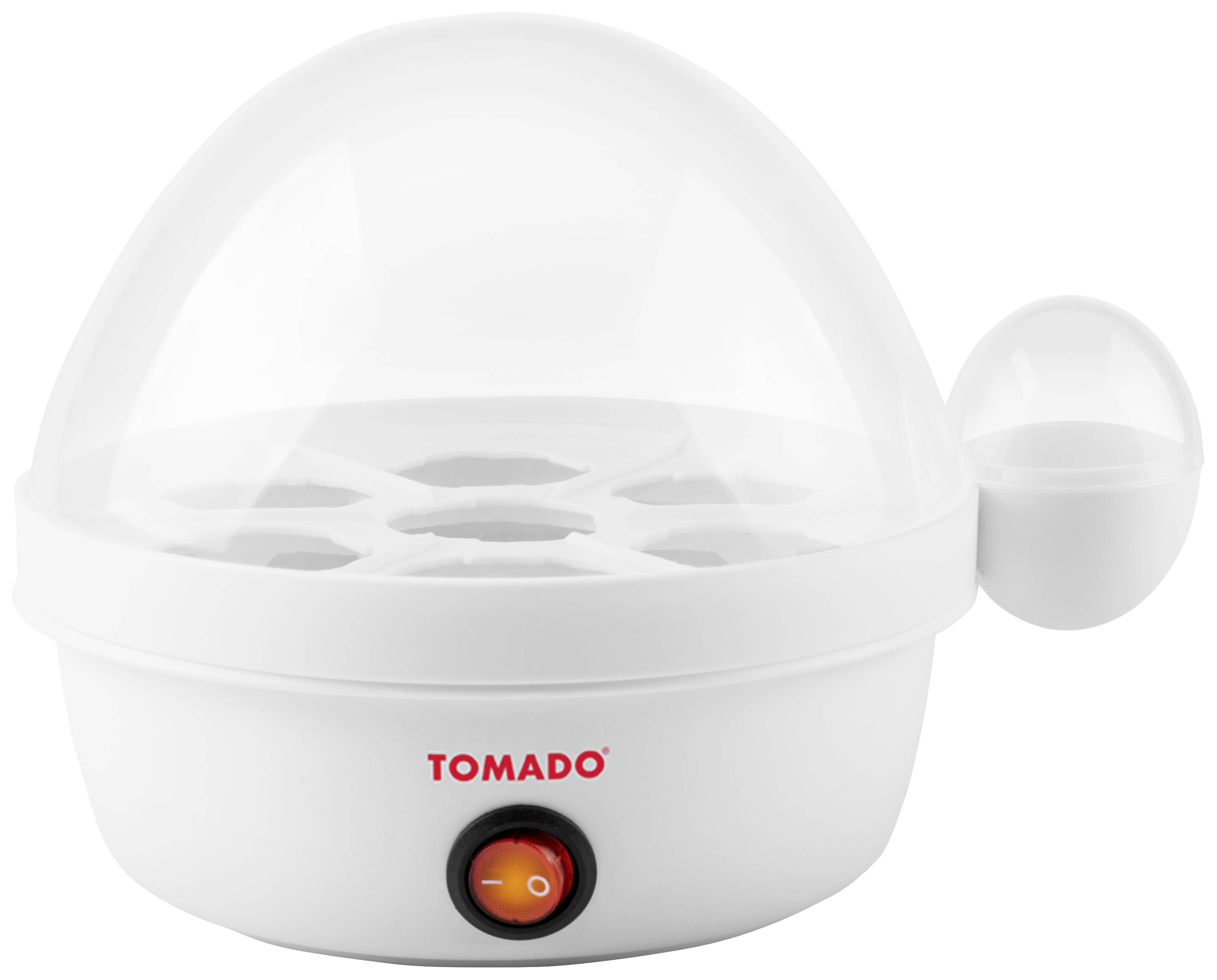 White egg cooker with transparent lid and space for seven eggs. Brand lettering 'TOMADO' and an orange switch at the front.