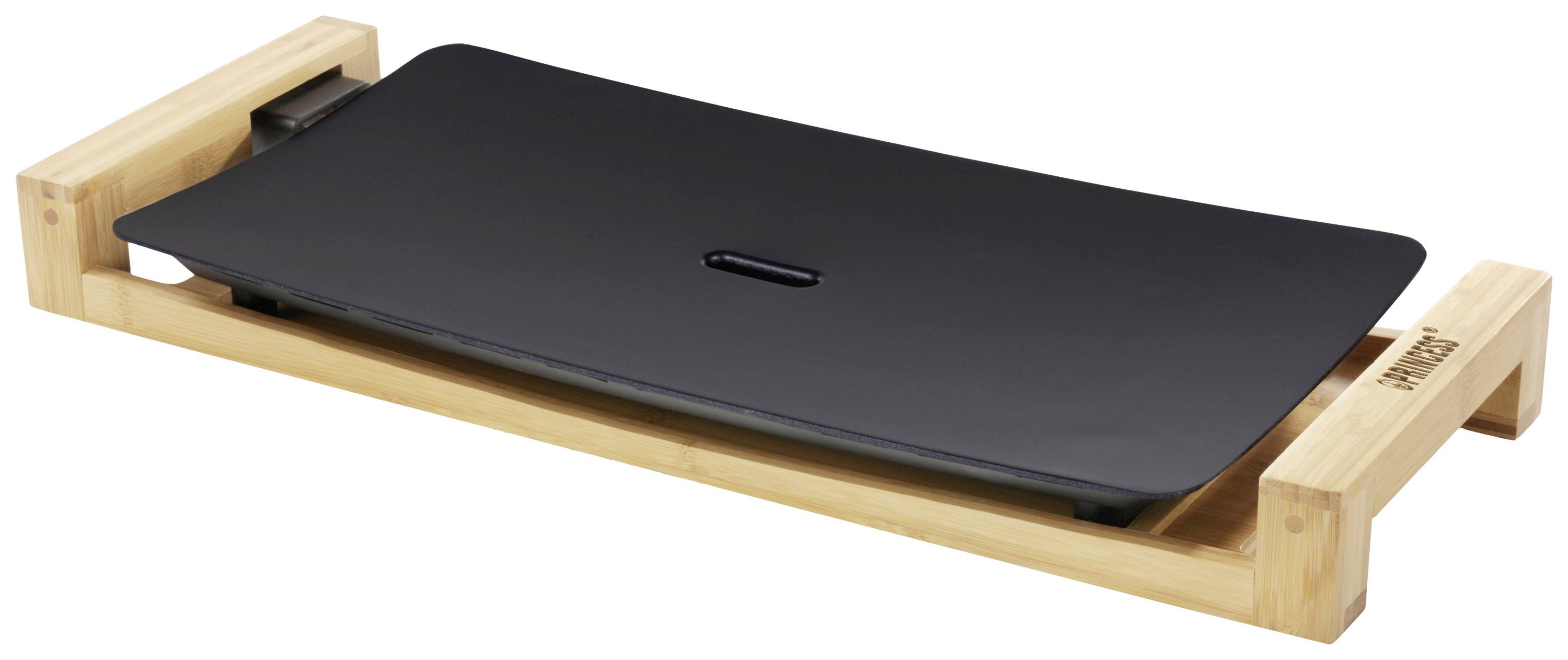 A rectangular, black barbecue on a wooden stand, suitable for cooking food on a table.