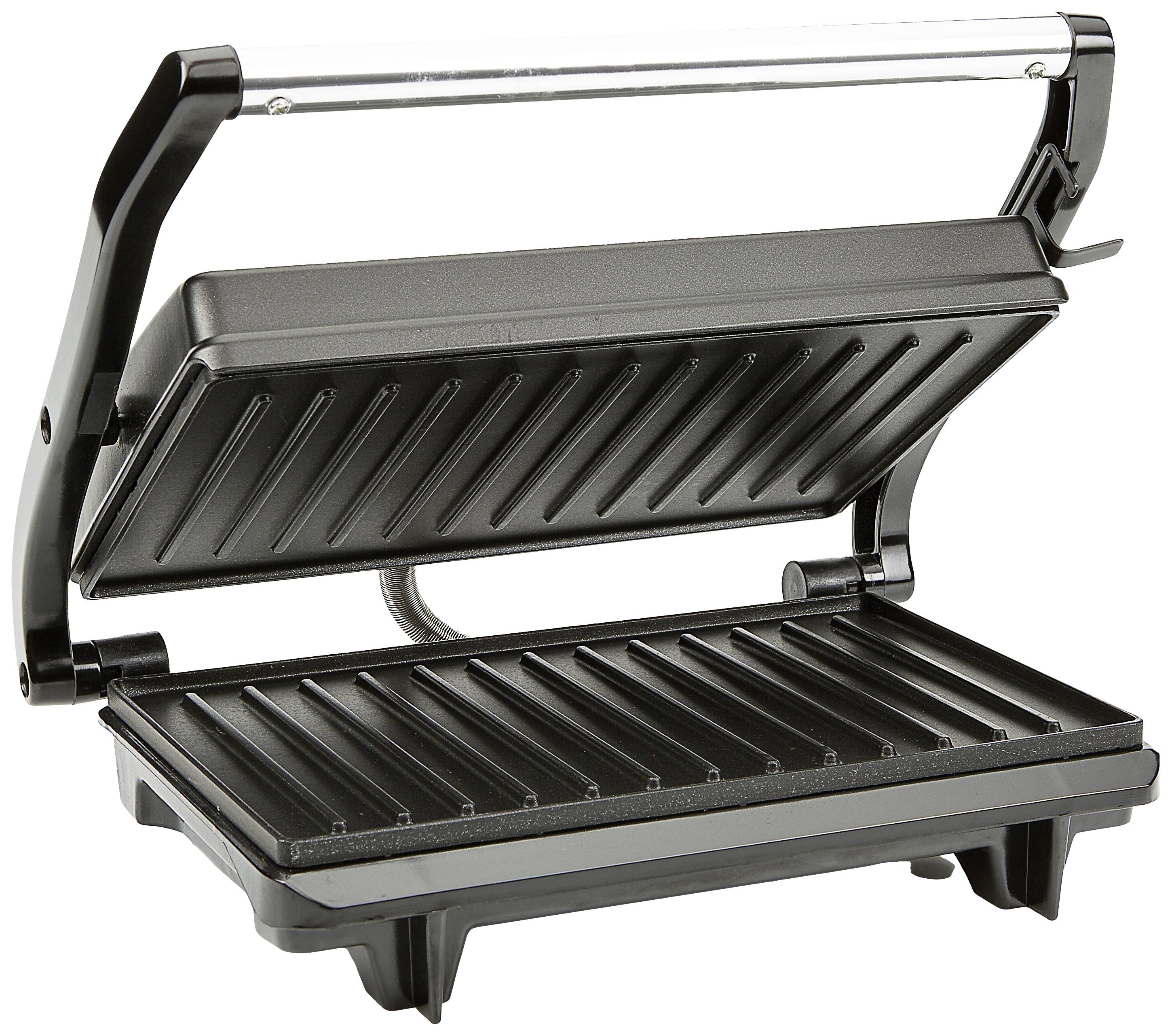 An open contact grill with ridged plates. Perfect for grilling sandwiches, meat or vegetables.