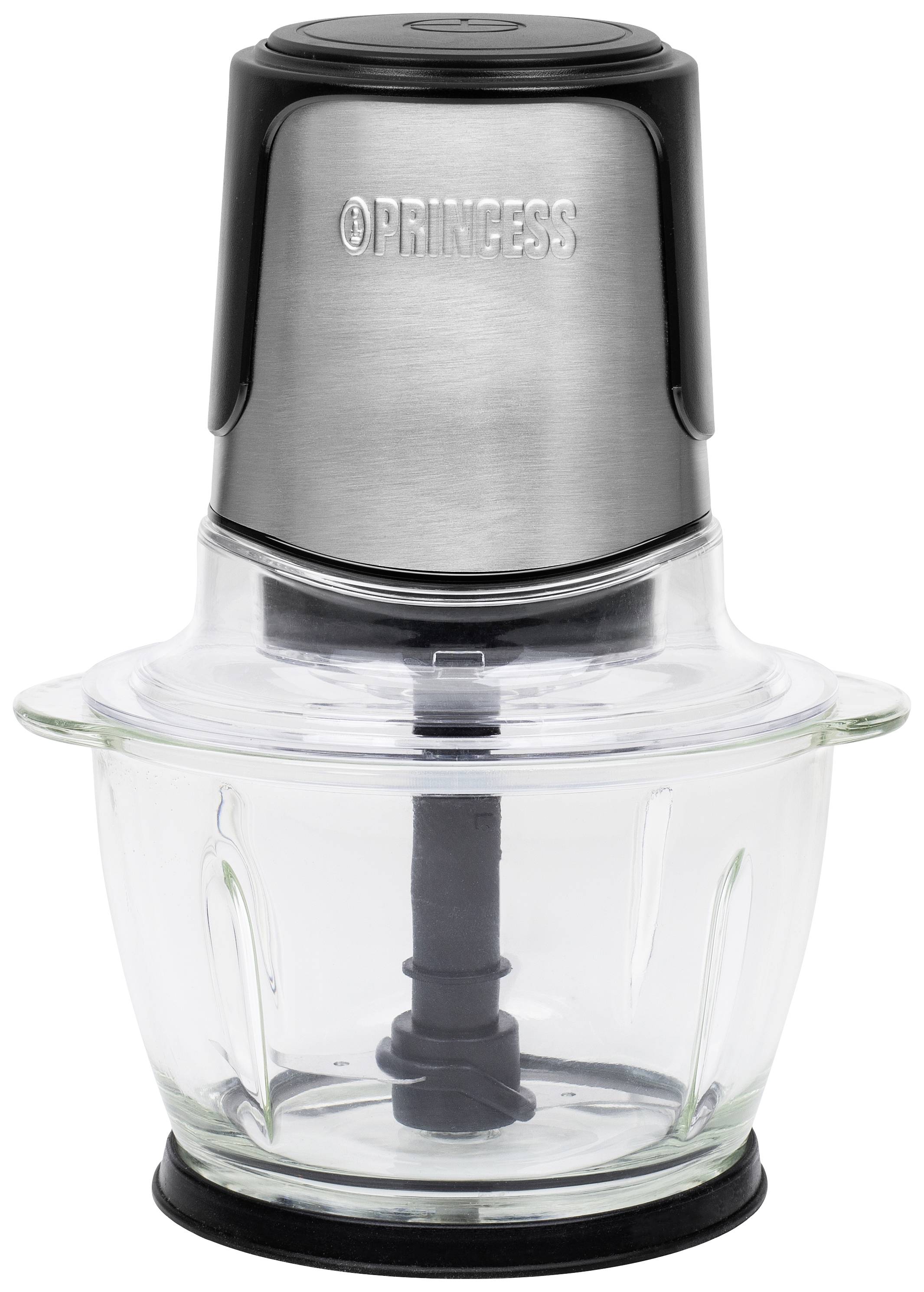 Silver and black mini chopper with glass container used for chopping small quantities of food.