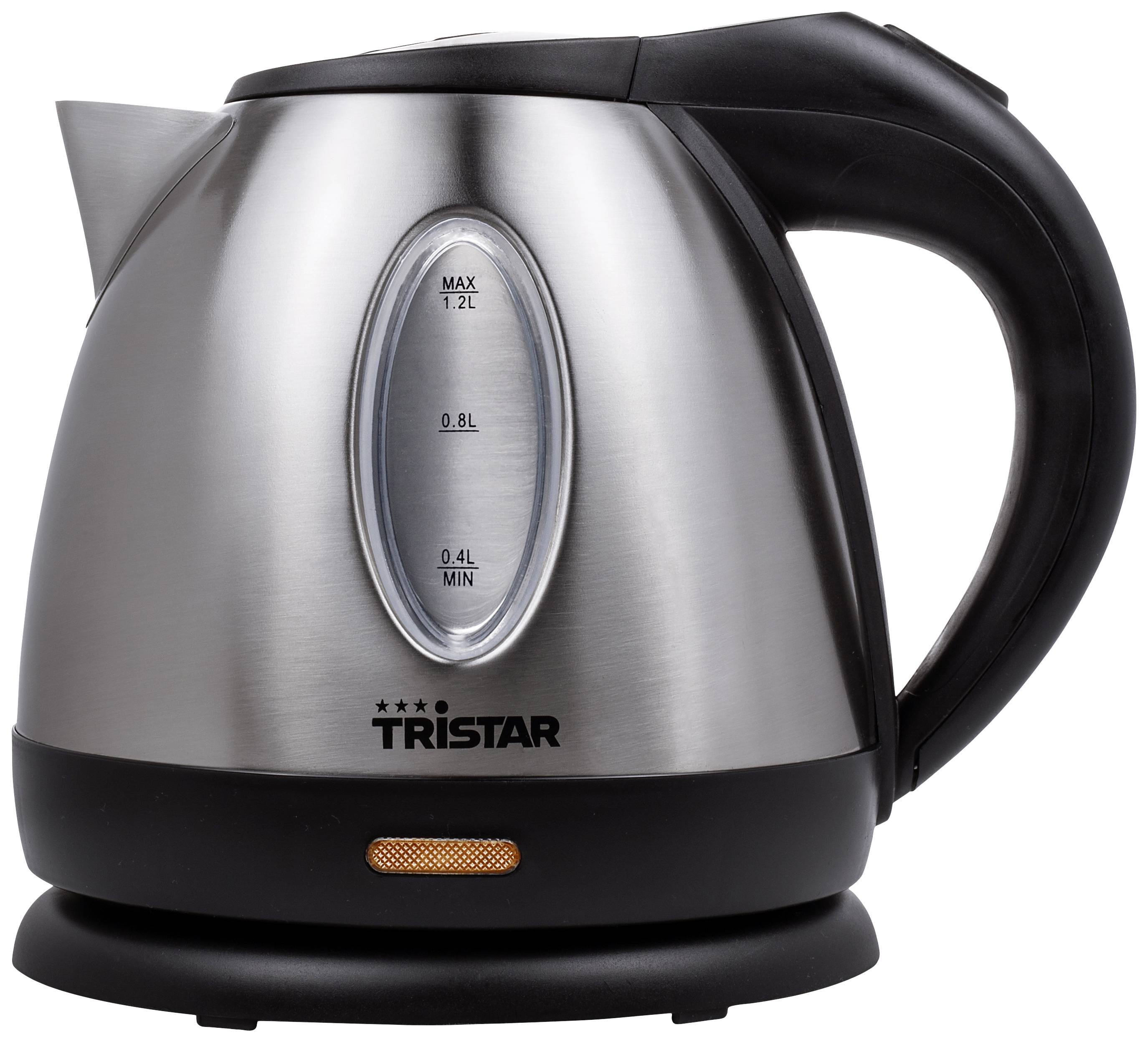 A silver kettle with a black handle and base. Scale shows 0.4 to 1.2 litres. 'Tristar' brand visible on the front.